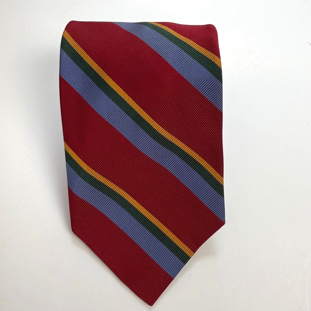 R. Hanauer Mens Silk Necktie Red Blue Green Gold Striped Rep Tie Made in USA